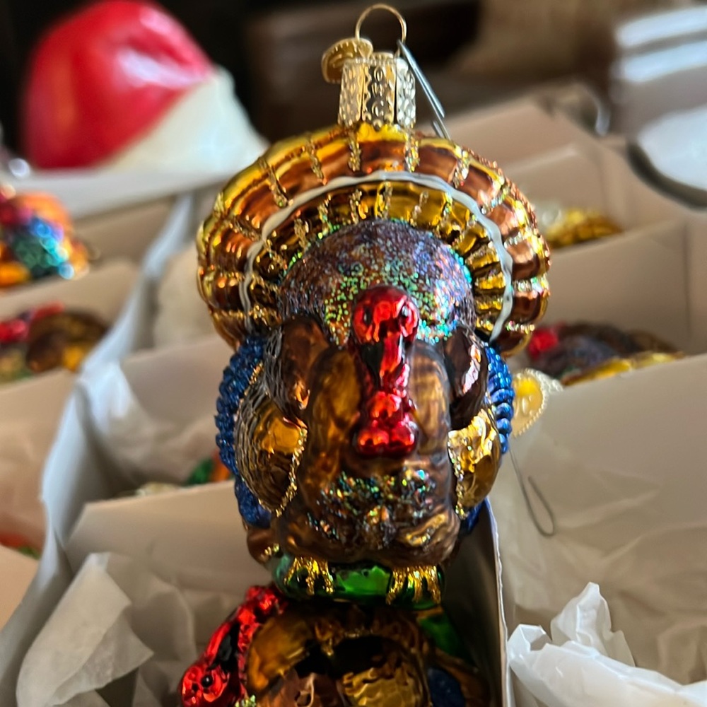 A collection of Thanksgiving ornaments, 47 total.